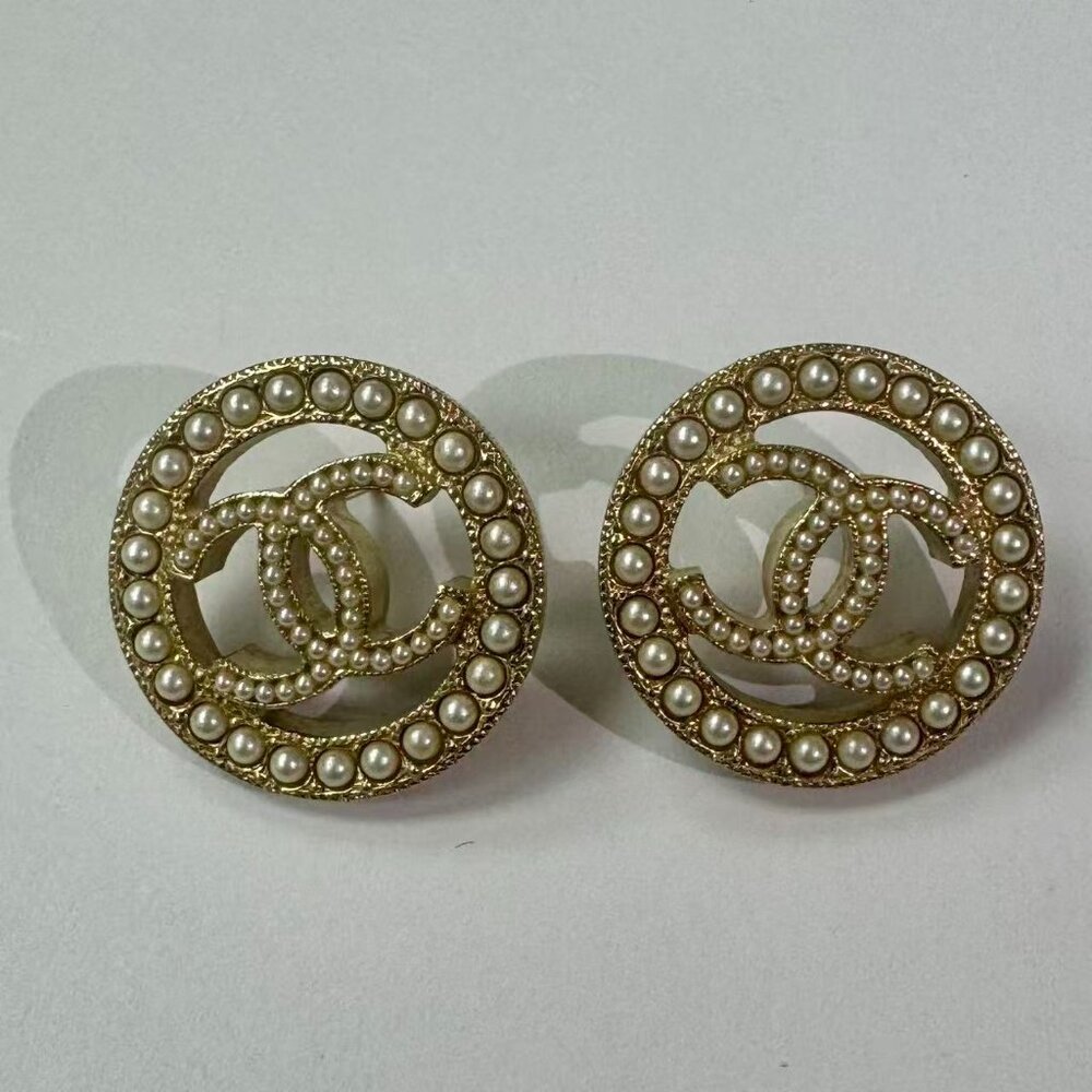 CHANEL Gold Tone CC Logo Circle Fake Pearl COCO Stud Earrings
